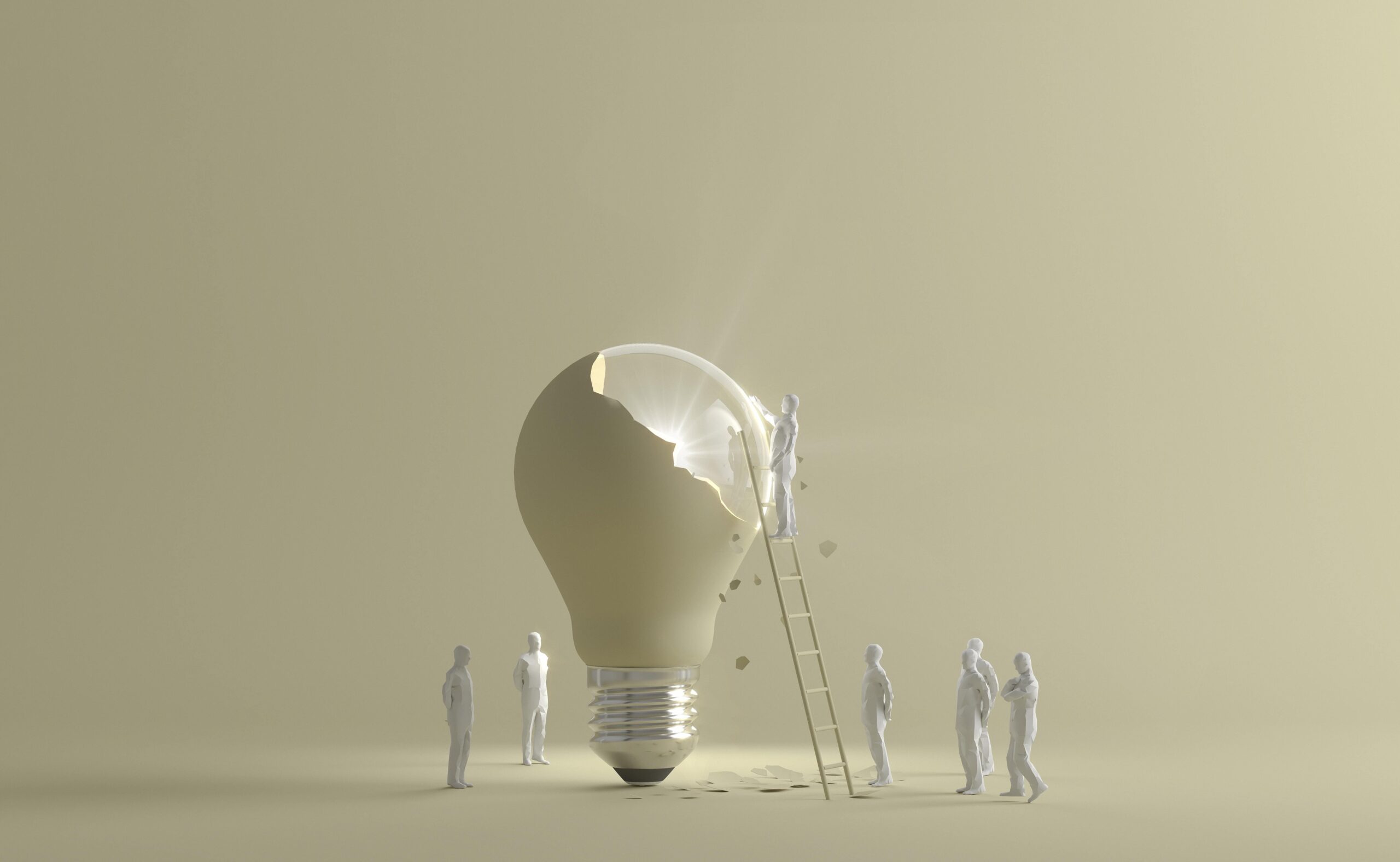 human-figurines-using-ladder-reach-cracked-lit-lightbulb-as-idea-concept